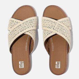 FITFLOP (9) GRACIE Woven Cross Slide Faux Raffia Texture Leather Footbed NWT